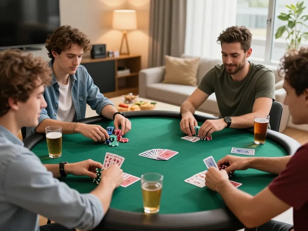 Friends enjoying an exciting poker night at home, immersed in the gaming experience with LLWIN.