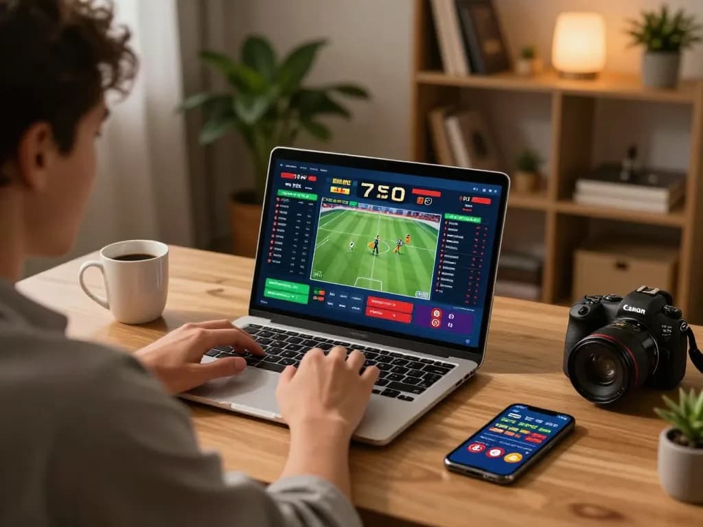 Person strategizing sports betting on a laptop, enjoying 78wim in a cozy home office.