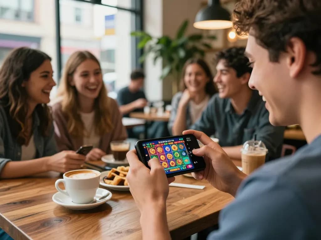 Player engaging with the Sunwin mobile gaming app in a vibrant café setting