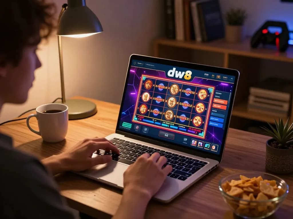 Play poker and slots at the dw8 online casino in a cozy home gaming setup with a vibrant screen.