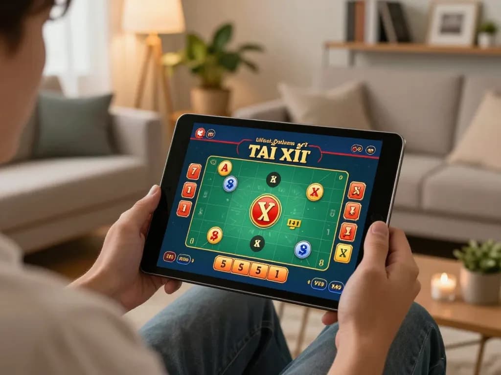 TaiXiuOnlineGo player enjoying Tài Xỉu online gaming on a tablet, highlighting strategic engagement and relaxed atmosphere.