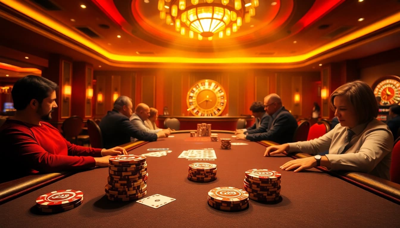 Players enjoying a thrilling poker game at G28 casino table, showcasing strategies and excitement.