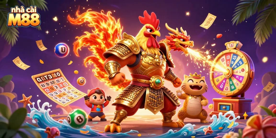 Engage with the excitement of nhà cái M88, featuring a dynamic 3D scene of gaming elements and characters.