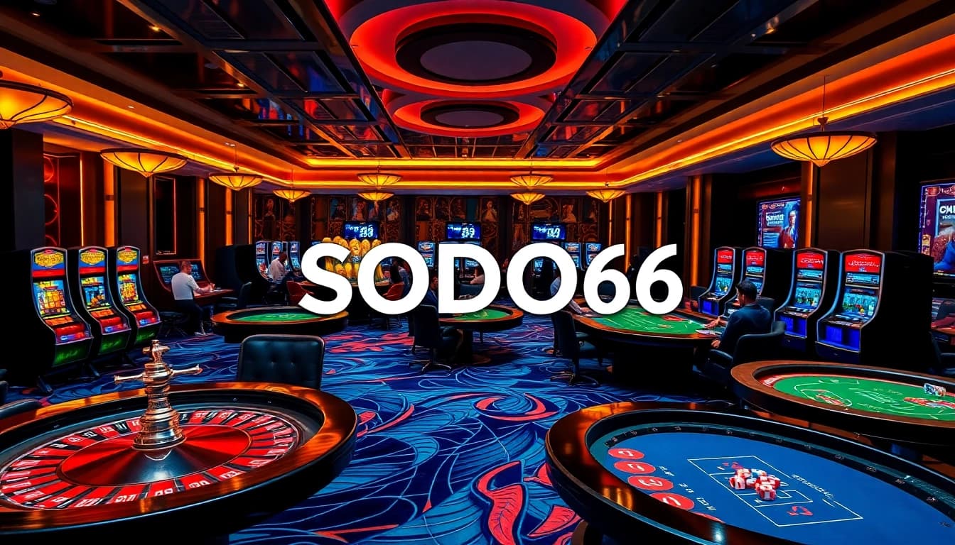 SODO66 players enjoying a lively casino atmosphere with poker tables, roulette wheels, and advanced betting technology.