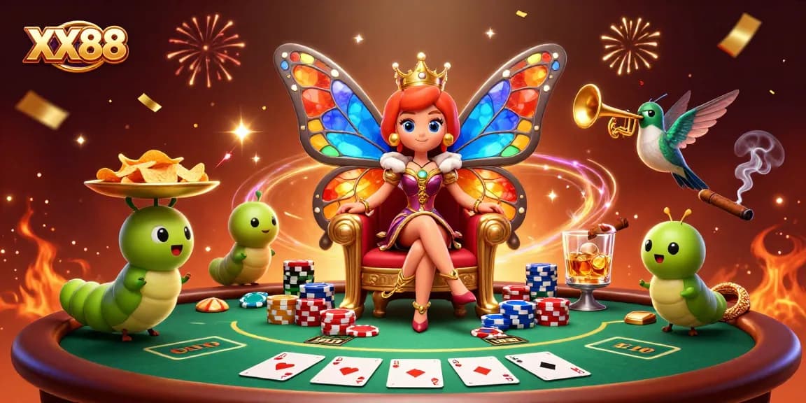 Experience thrilling bets at XX88 with a dynamic scene featuring a butterfly queen and colorful poker elements.