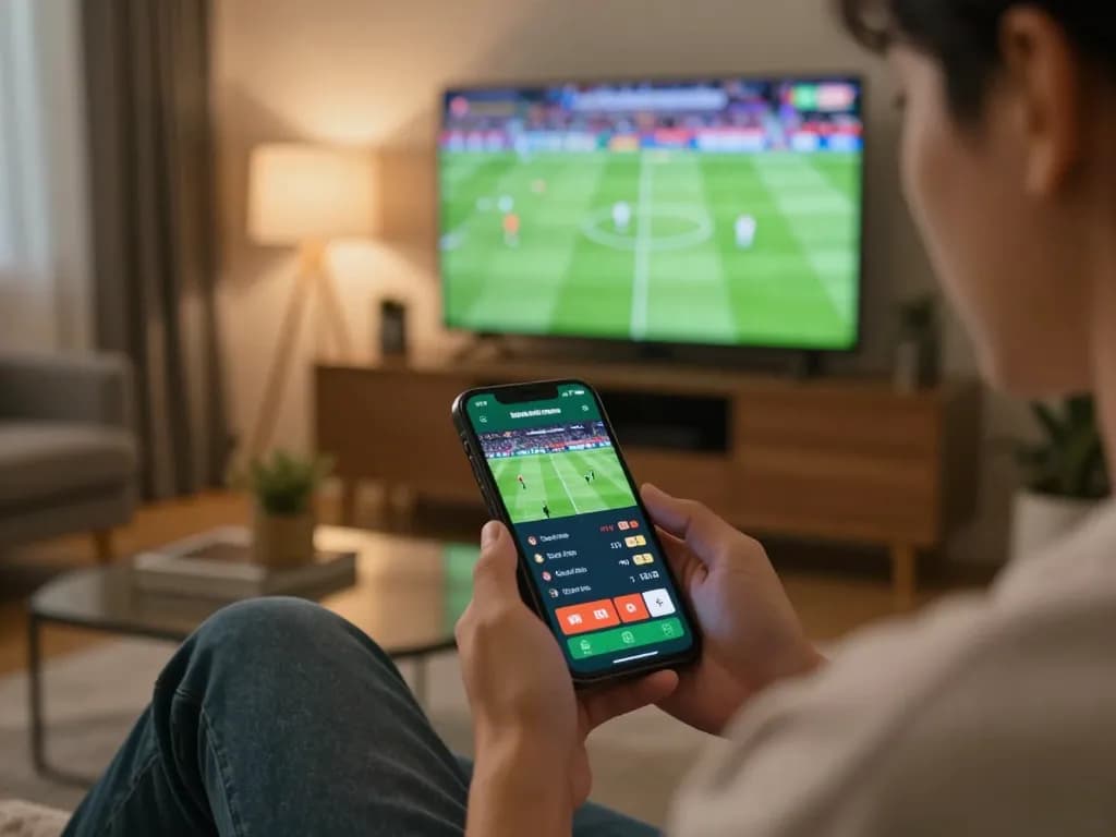 Person placing a sports bet on nhandinhkeonhacai app while watching a live football game at home