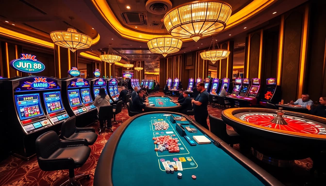 Experience the excitement of Jun 88 at a vibrant casino, featuring tables and slot machines.