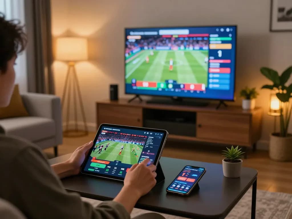 Engaging sports betting action at home with lucky88 app visible on smartphone during game.