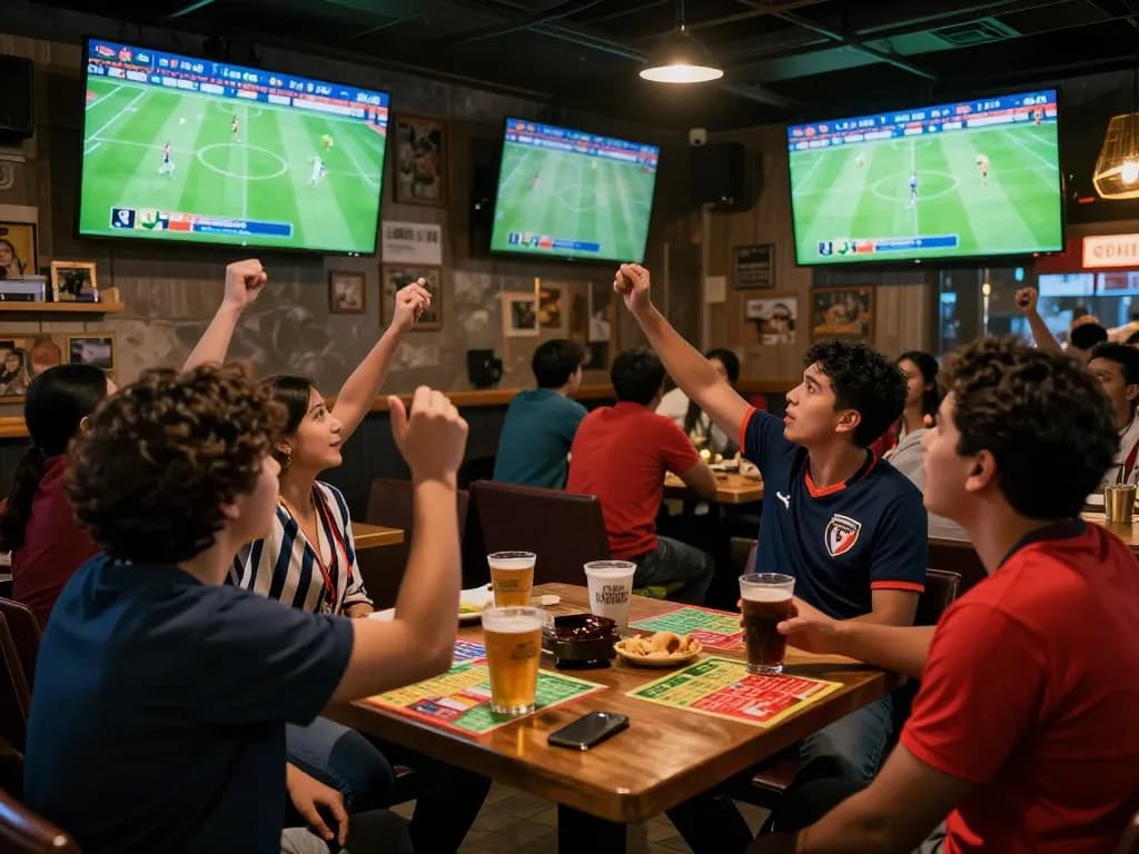 Cá Độ Bóng Đá enthusiasts cheering at a sports bar, watching live soccer and placing bets.