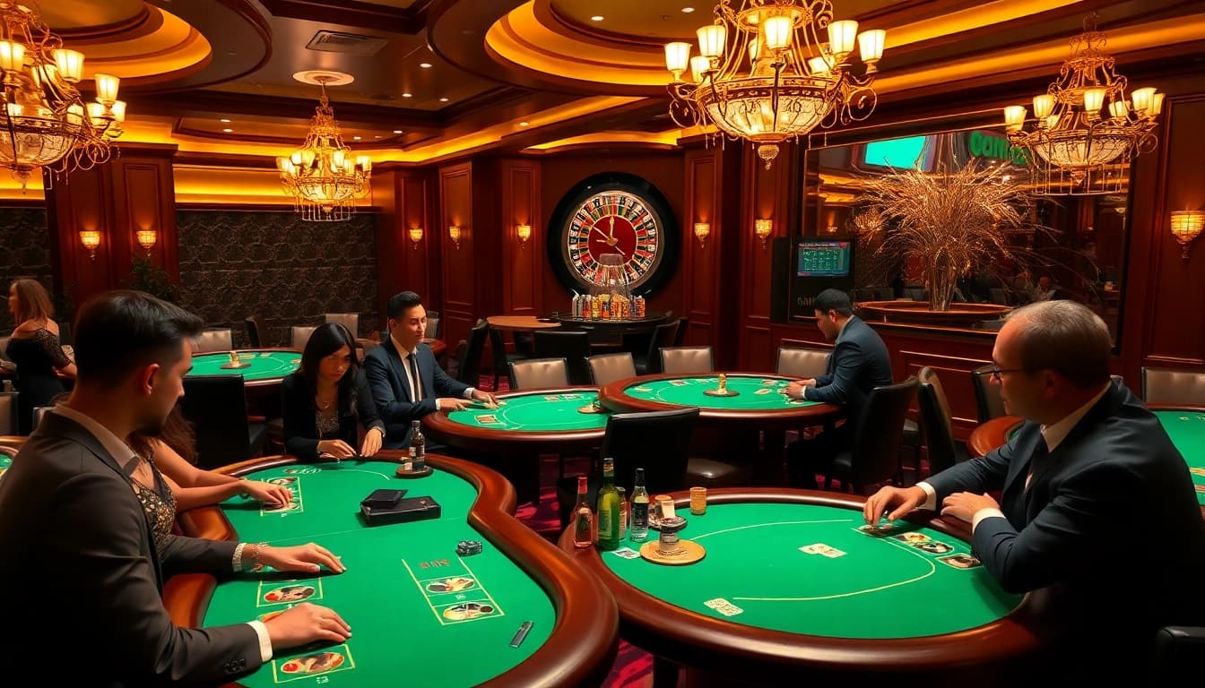Experience thrilling gameplay at Bong 88's luxurious casino atmosphere with poker and roulette.