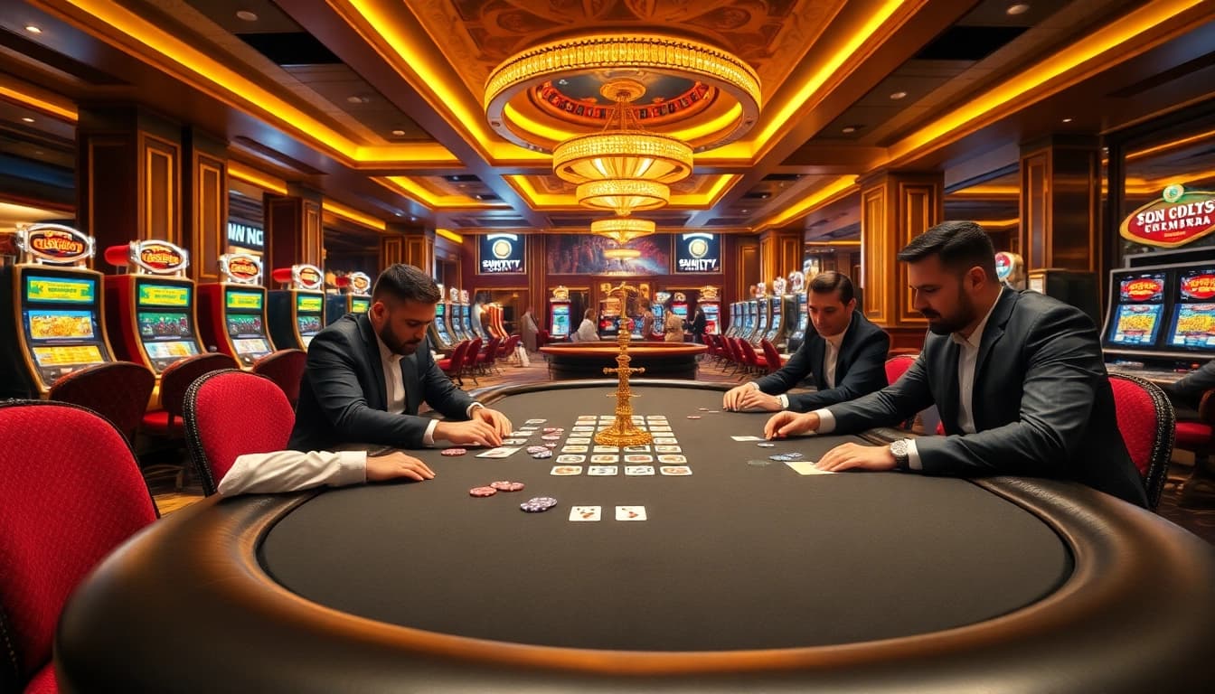 Exciting poker action at SUNCITY casino with vibrant chips and cards.