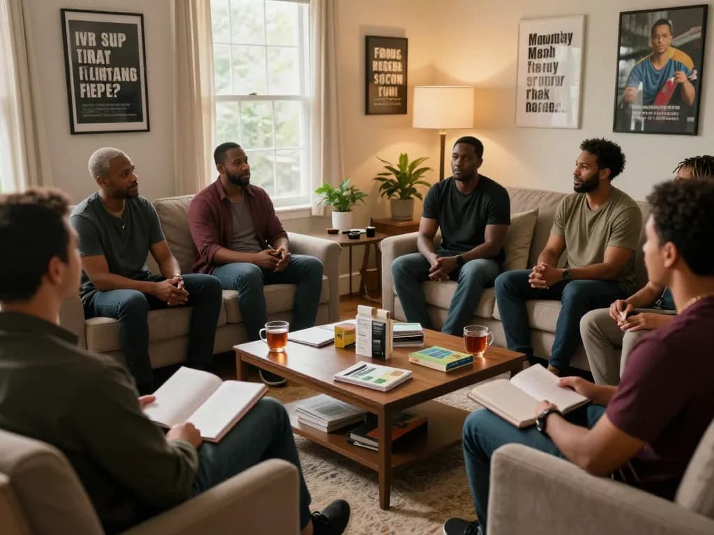 Men engaging in supportive discussions at a manclub meeting, fostering community and mental well-being.