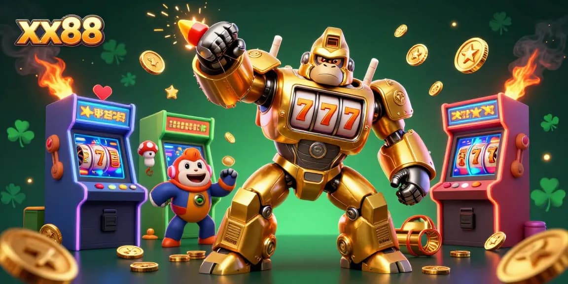 Experience exhilarating wins with xx88's golden gorilla mech surrounded by dynamic casino action.