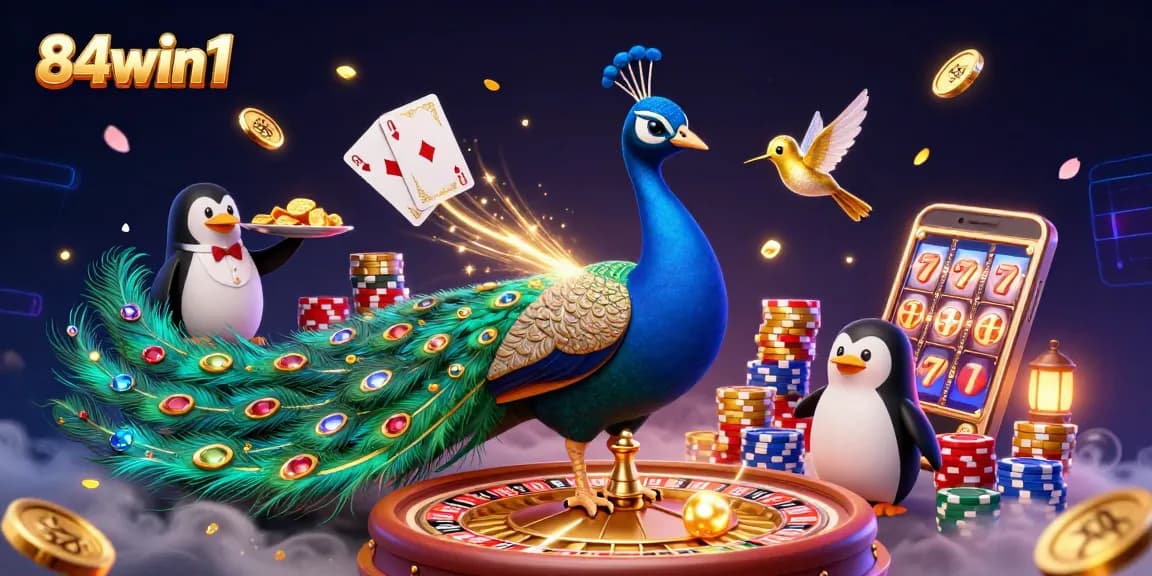 Engage with 84win1's dynamic casino action featuring colorful gems and golden chips