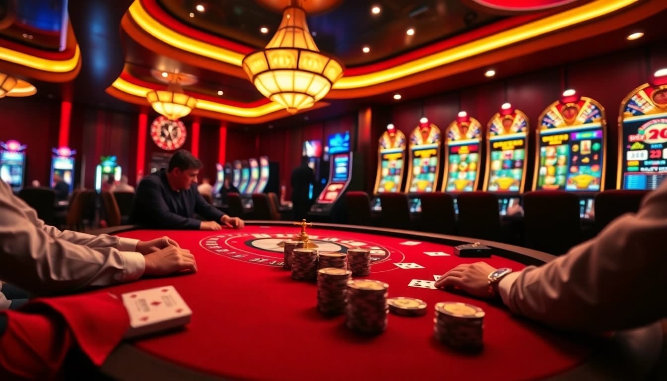 Players enjoying an exciting poker game at RR99 casino tables with vibrant atmosphere and colors.