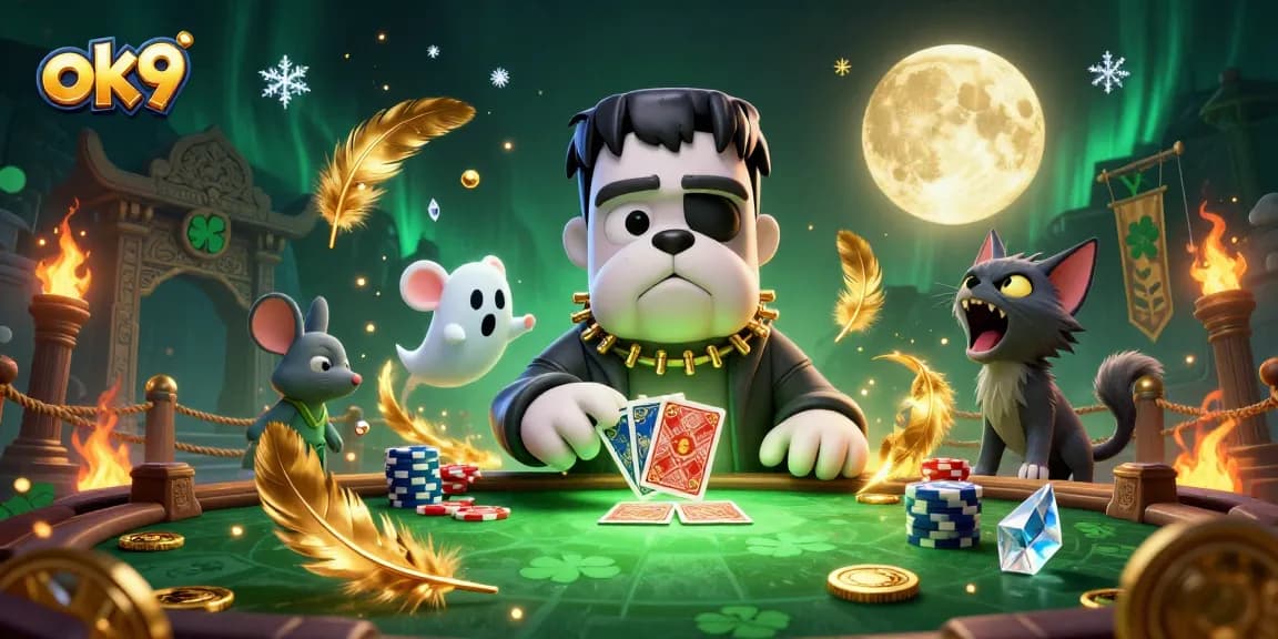 Participate in exciting card games at ok9's vibrant casino scene with whimsical characters and dynamic elements.