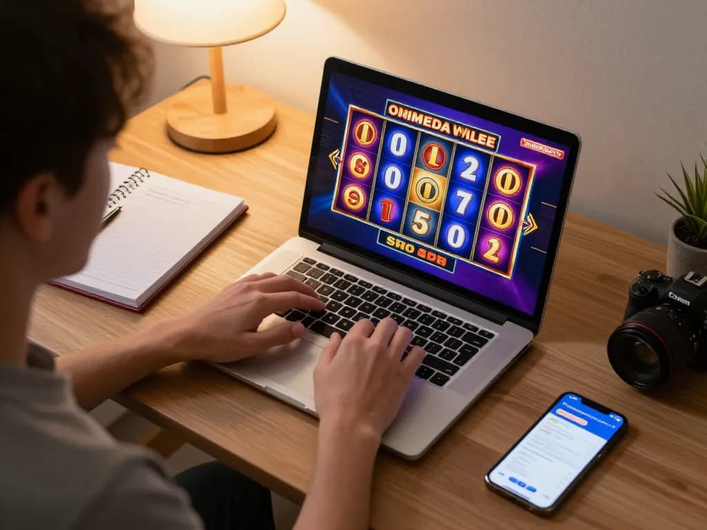 Engage in online gambling at max88 with exciting slot games displayed on a laptop screen.