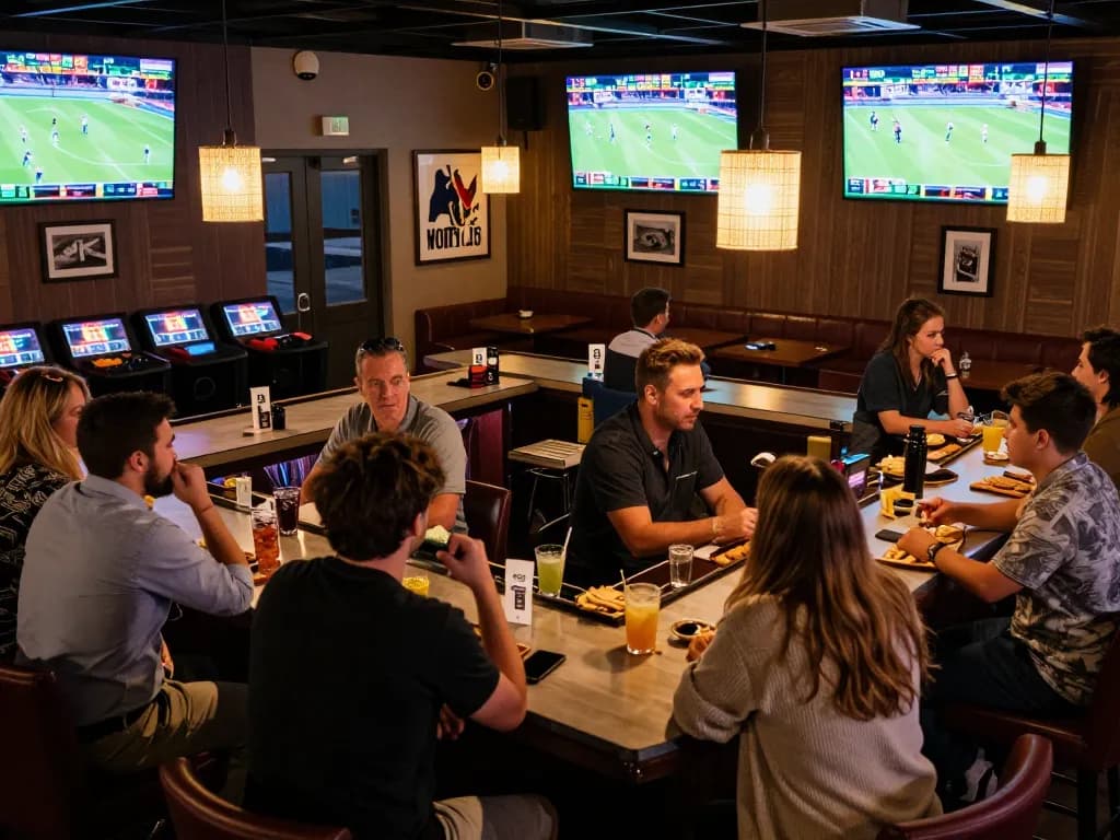 Engaging group discussing strategies at sports betting lounge on https://ee888.sa.com/ with screens showing live games.