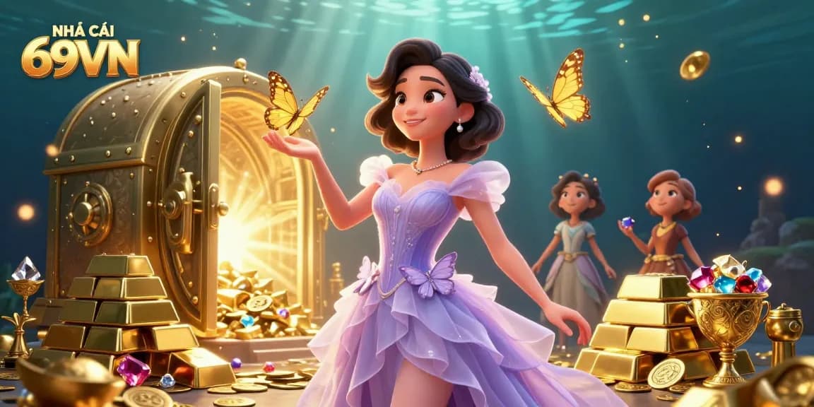 Engage with NHÀ CÁI 69VN in a vibrant casino scene, showcasing dazzling treasures and butterflies.