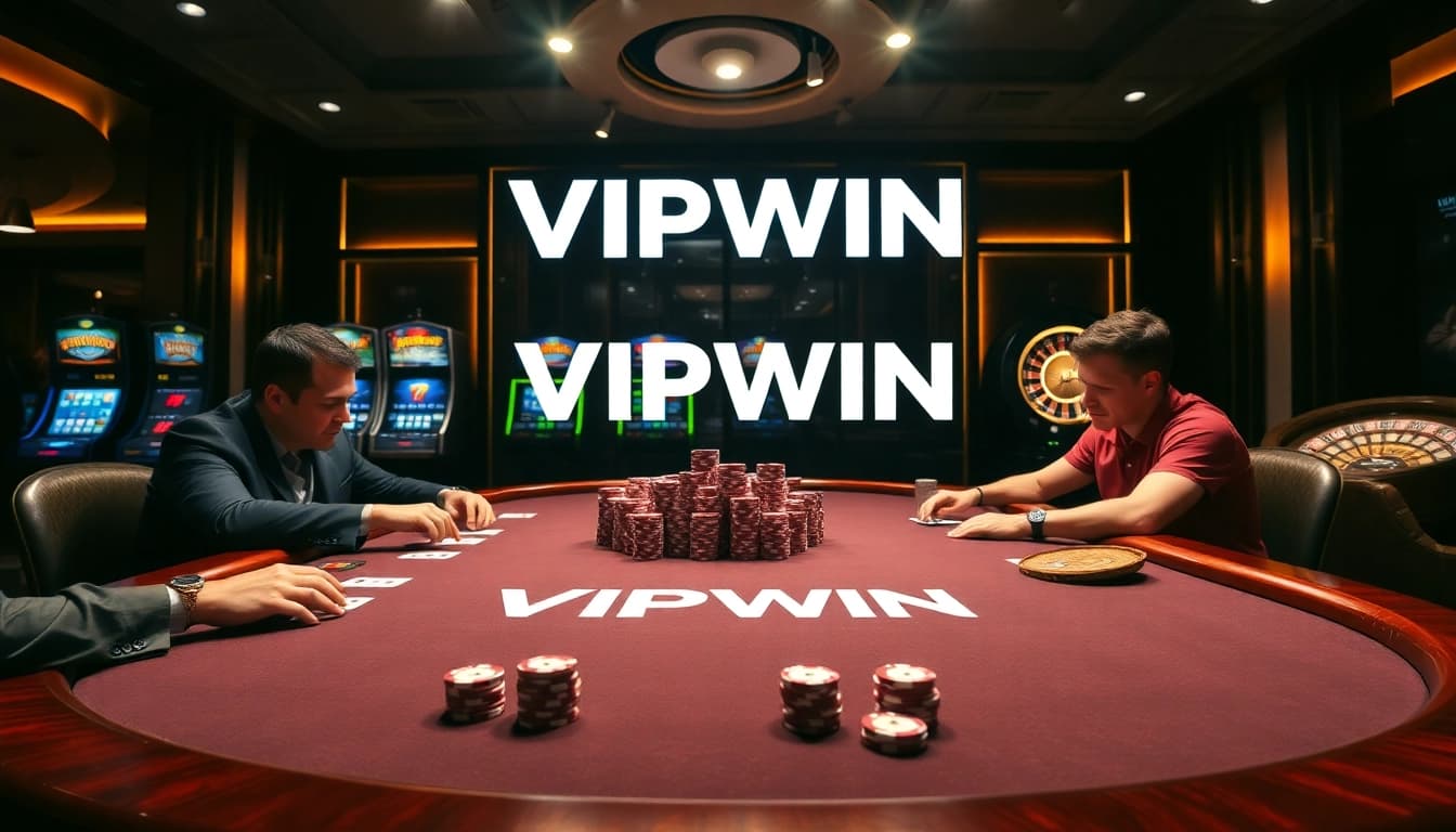 VIPWIN poker players enjoying a high-stakes game at a luxurious casino table.