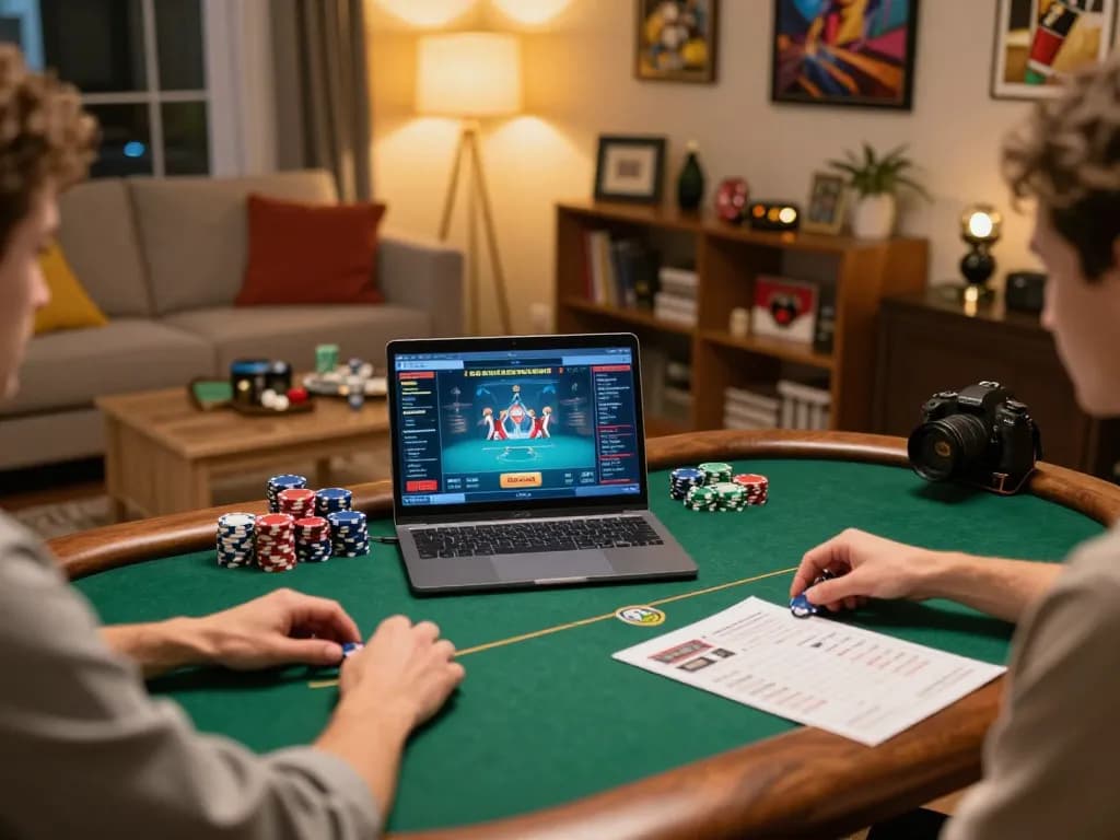 Engaging in online poker at home with 888top com, showcasing strategy notes and poker chips for a relaxed gaming experience.