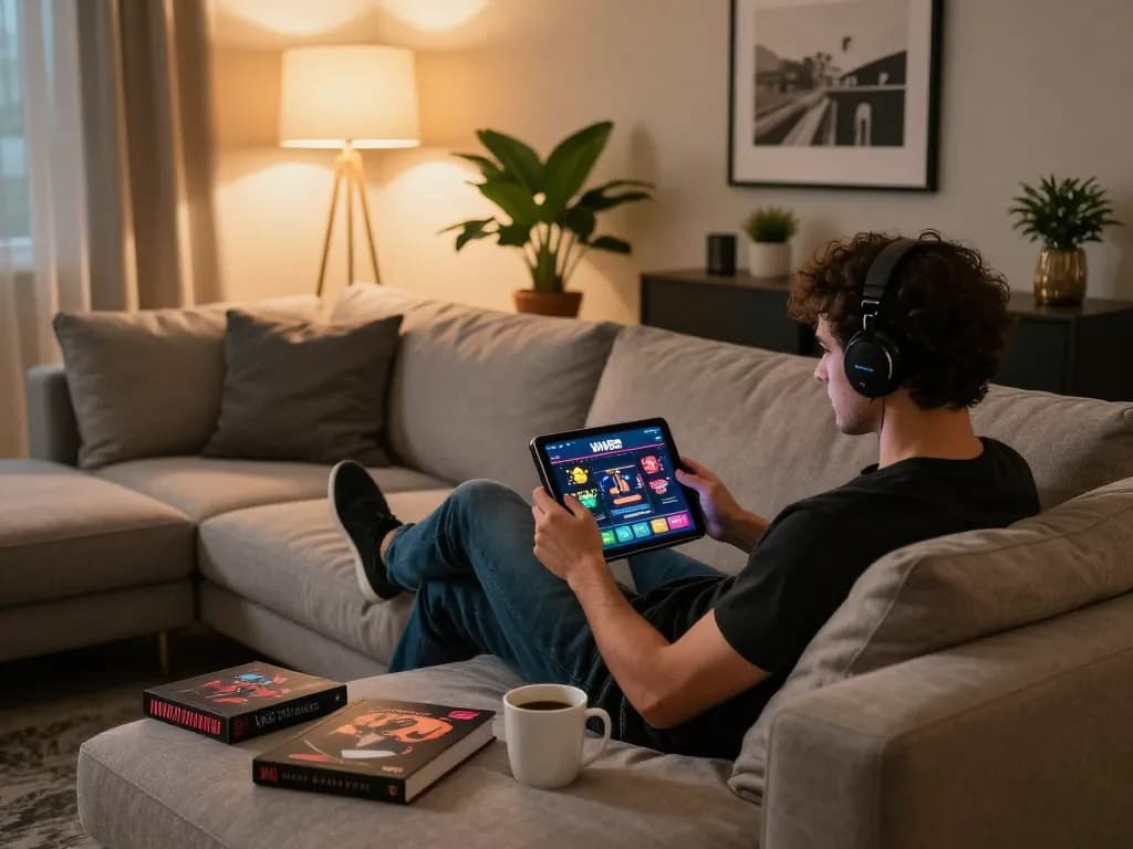 Player using a tablet for WW88AW online casino gaming in a cozy living room setting
