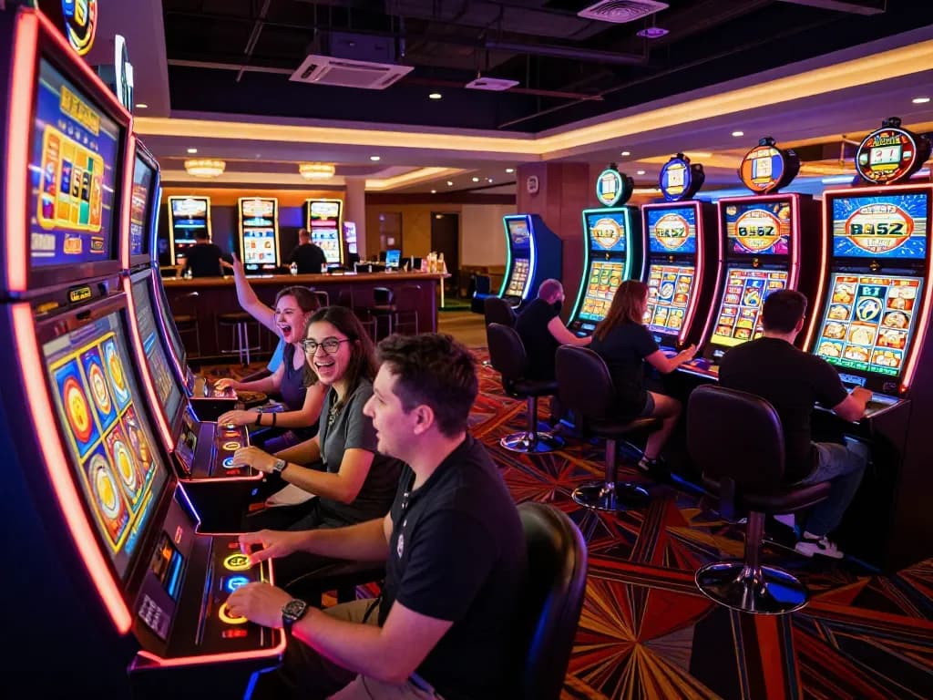 B52 slot machine area buzzing with excitement as players engage in gaming action.