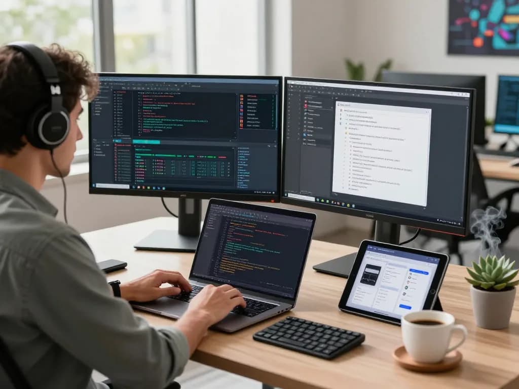openclawd software developer coding in a modern tech workspace with monitors and coffee