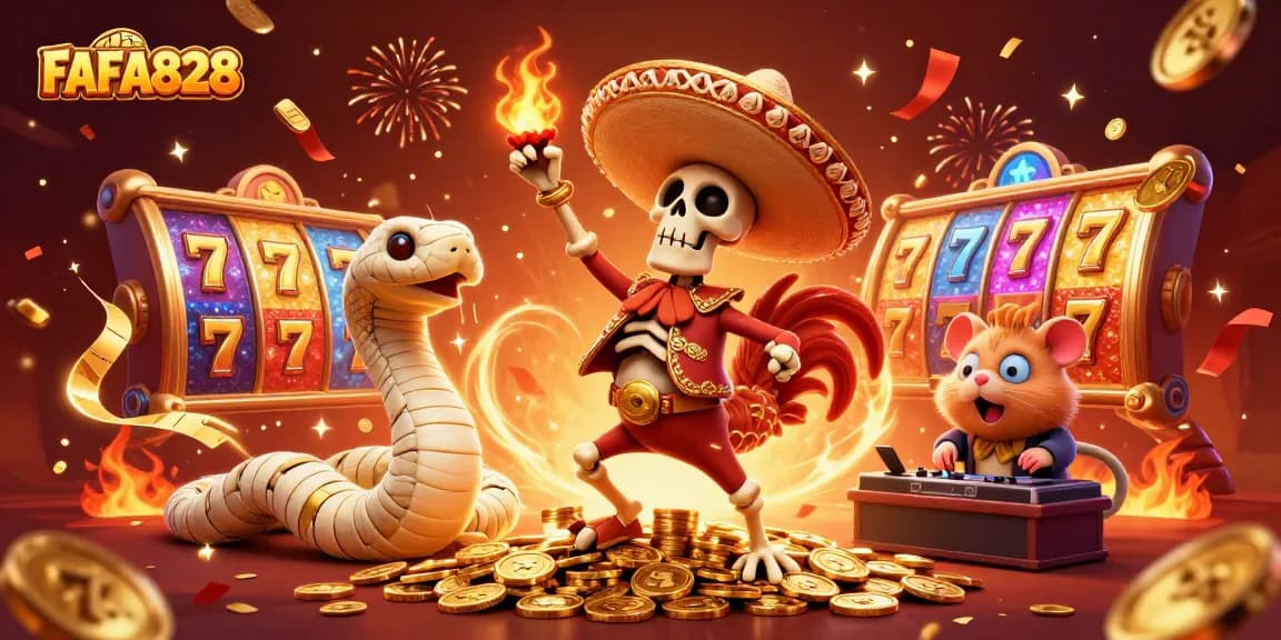 Experience exhilarating gameplay with FAFA828 featuring vibrant slot reels and golden celebrations.