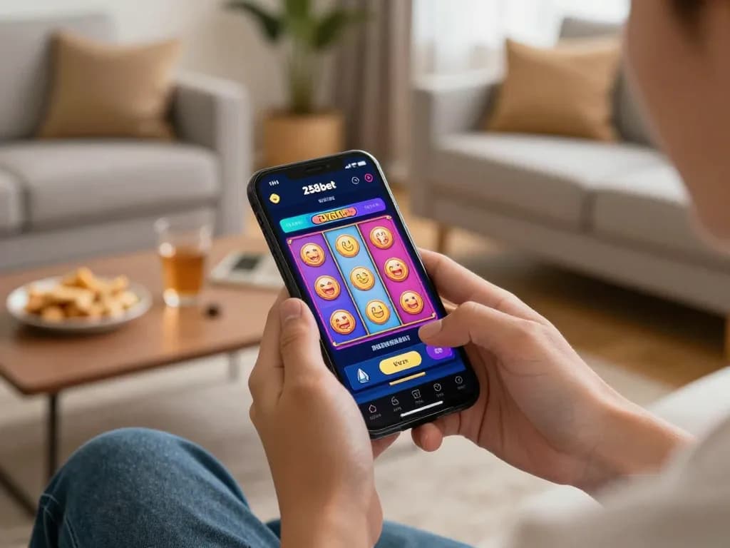 Engaging moment of player enjoying a gaming session on 258bet app with colorful slot screen in a cozy living room