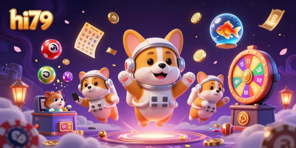 Experience the thrill of hi79 in a dazzling space casino with floating lottery balls and dynamic gold effects.