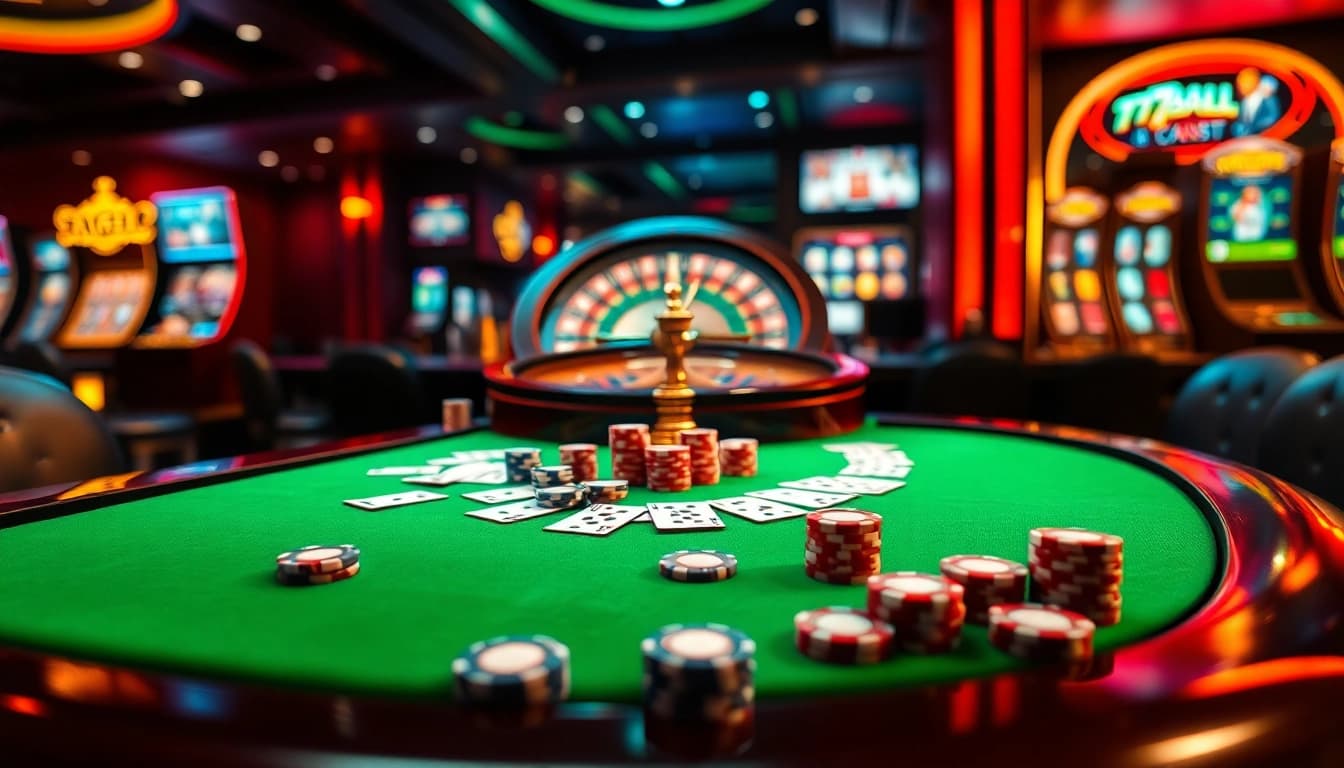 Experience thrilling gameplay at 77BALL with a captivating casino scene showcasing rich poker chips and elegant tables.