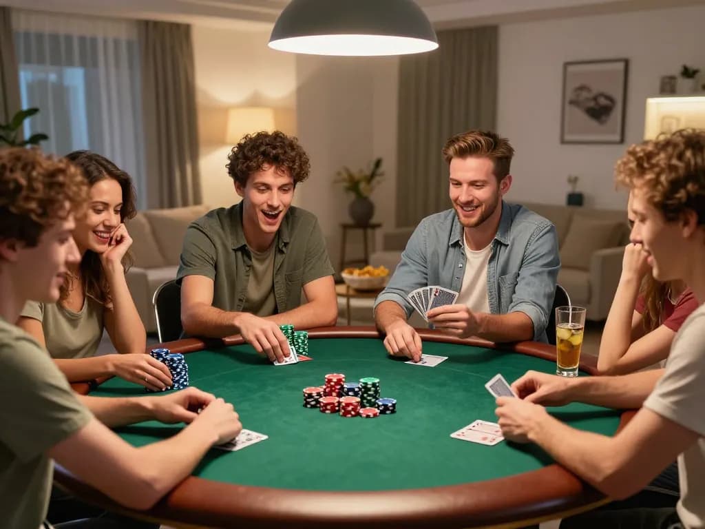 Enjoying a lively home poker game with friends while placing bets at vin88.
