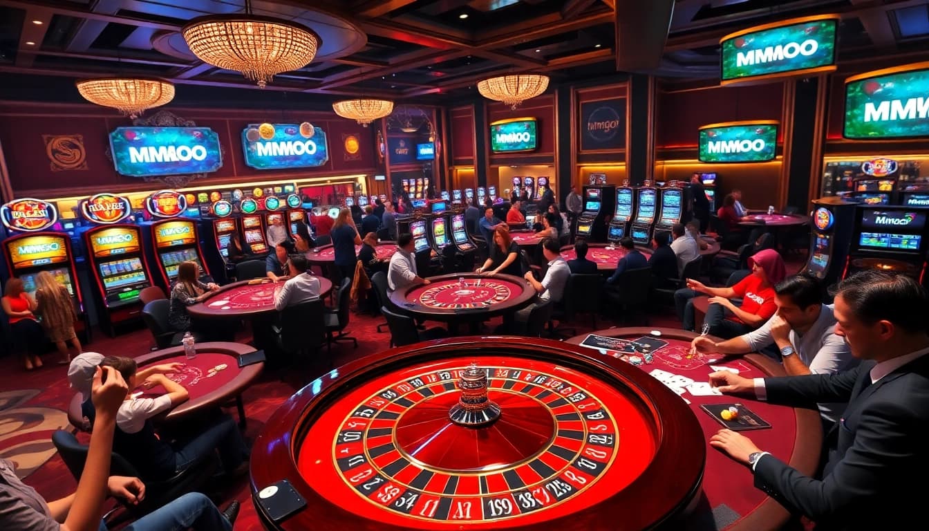 Players enjoying the thrill of gambling at MMOO casino tables, showcasing excitement and luxury.