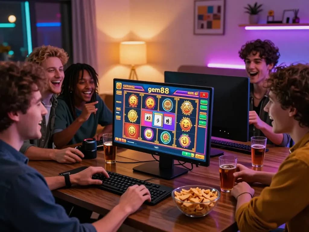 Friends enjoying an exciting gaming night on gem88's online casino platform with snacks and vibrant lighting.