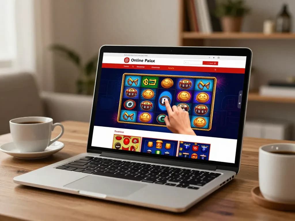 Engaged player interacting with vibrant RR88 online casino games on a laptop.