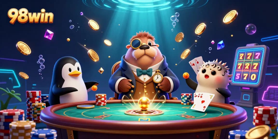 Experience thrilling underwater poker with 98win as whimsical characters play amidst golden coins and sparkling gems.