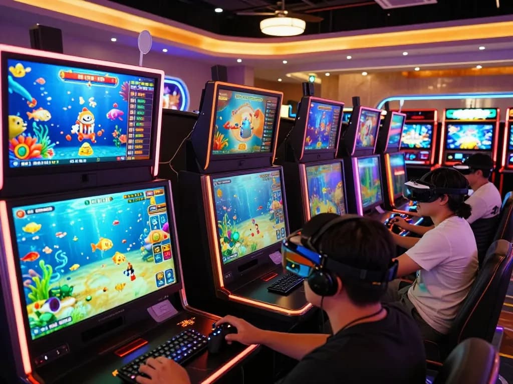 Immersive gaming scene at zx88.com with players engaged in 3D fish shooting, showcasing vibrant graphics and high-tech interfaces