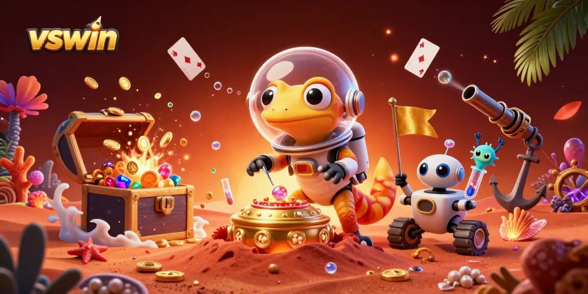 Experience the vibrant vswin gaming atmosphere with a cheerful Martian gecko in a casino.