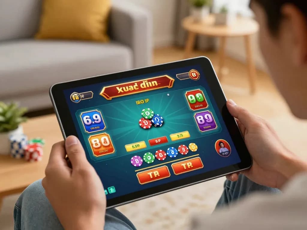 xóc đĩa online game interface displayed on tablet during an engaging at-home gaming session.