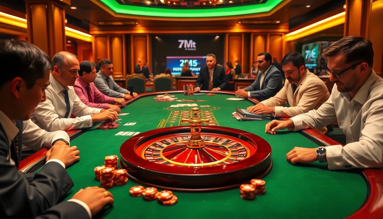 Experience the excitement of 7M at a luxurious casino table with poker chips and cards.