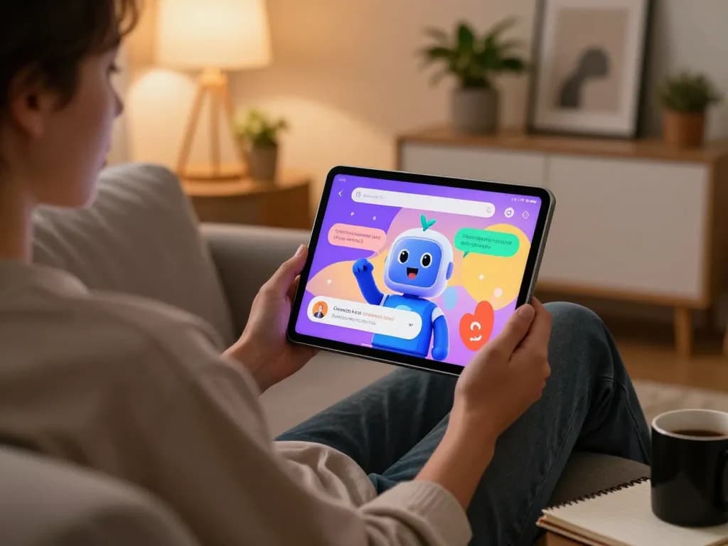 Interactive Crushon AI chat scene featuring a user engaged with a vibrant animated character on a tablet, cozy living room setting.