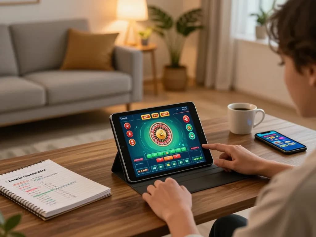 Engaging in f8betz online gambling from a cozy home setup with tablet and notebook.