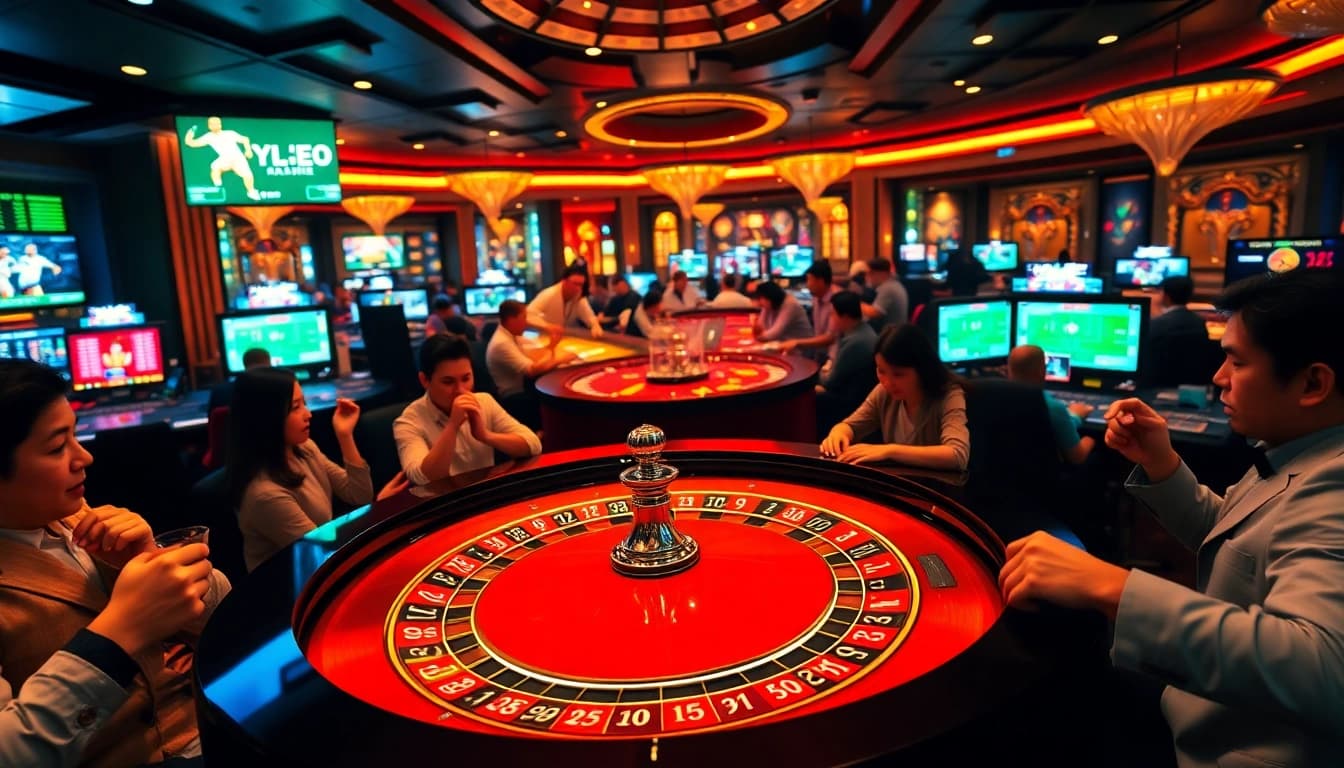 Dynamic casino scene showcasing ty le keo betting on a vibrant roulette table.