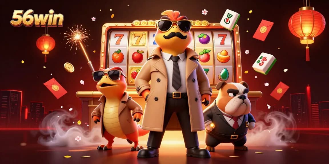 Experience thrilling slots at 56win with playful raptors and a suspicious bouncer in a lively casino scene.
