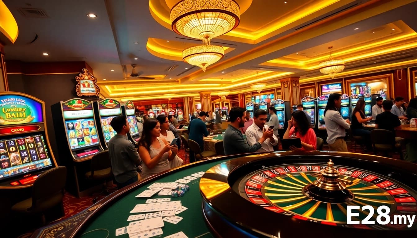Engaging online casino gameplay on E28.my with slot machines and poker chips.