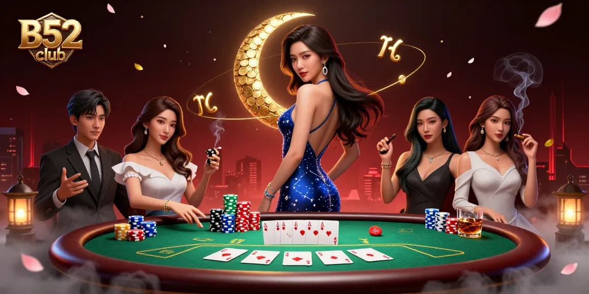 B52club showcases a vibrant casino atmosphere with poker action and dynamic elements in a stunning 3D rendering.