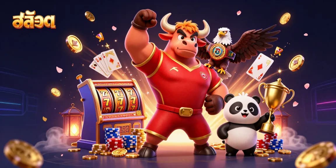 Engage with สล็อต excitement as a bull mascot celebrates a jackpot amid flying coins and gem stones.