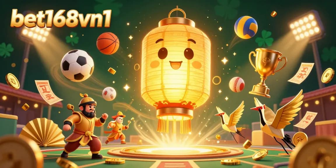 Engage with bet168vn1 to win at the vibrant casino scene with golden lanterns and dynamic sports elements.