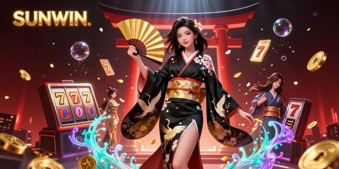 SUNWIN showcases an elegant Asian woman in a glamorous casino scene, promoting thrilling slot games.